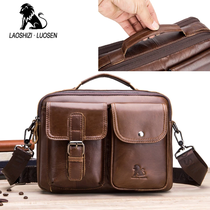 Laoshizi Saco do mensageiro do ombro do couro genuíno para homens, saco Crossbody do vintage, sacola do negócio, saco do mensageiro do homem