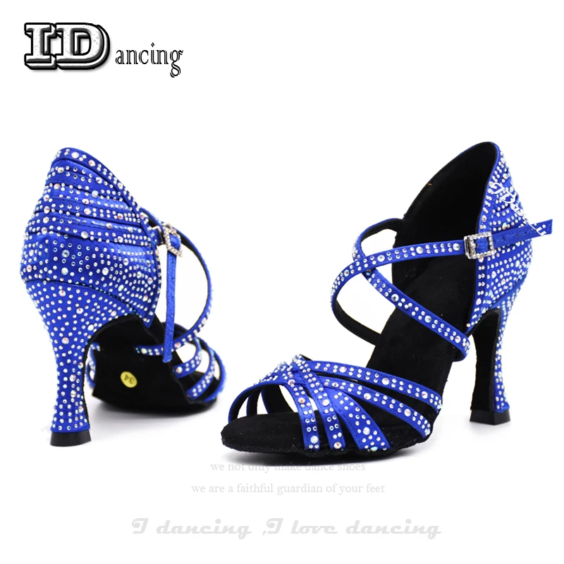 JuseDanc-zapatos de satén con diamantes de imitación para mujer, calzado de tacón alto con tiras cruzadas, color negro, para baile latino, Salsa,