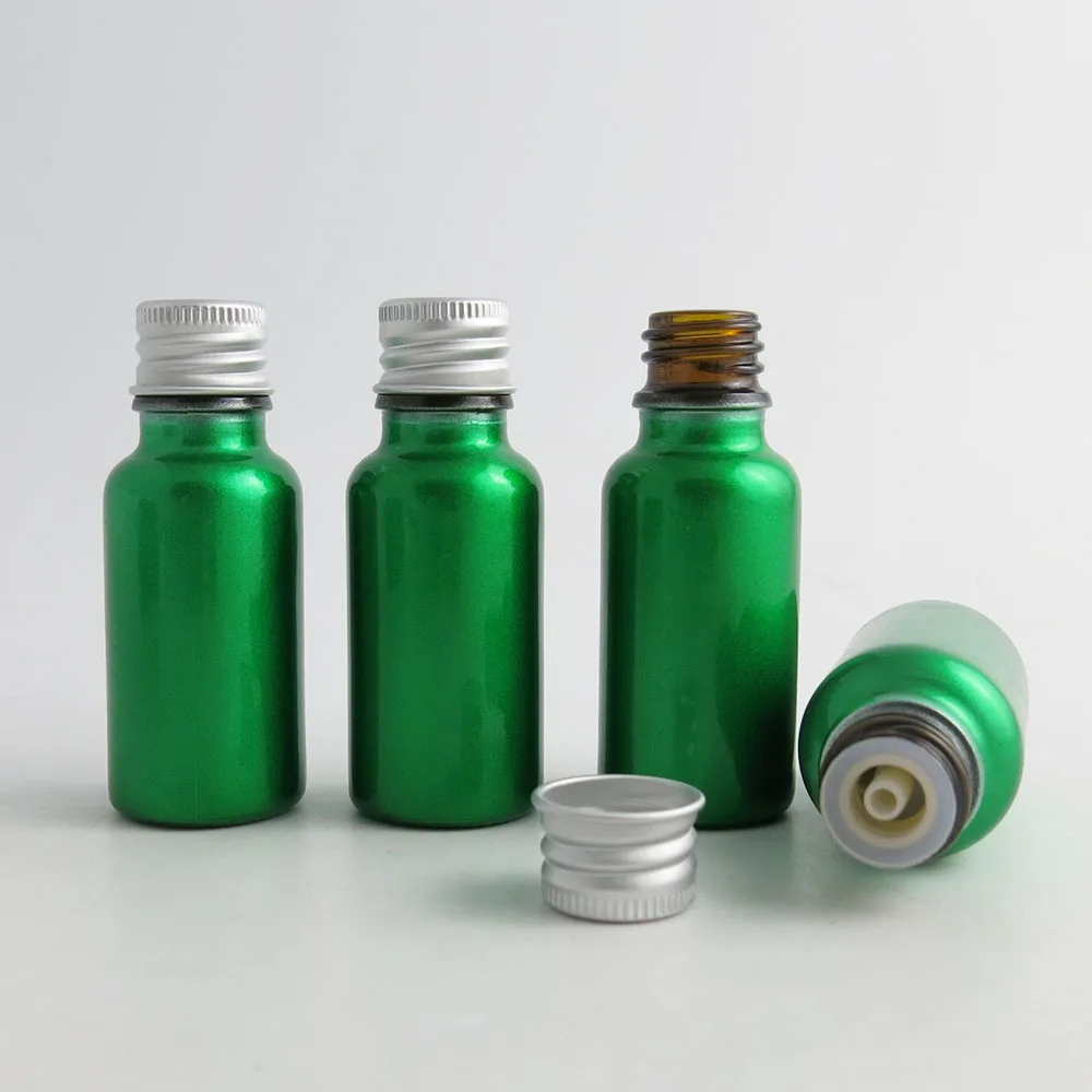 

24 x 20ML Paint Green Boston Round Glass Bottle With Stopper Aluminum Cap 20cc Cosmetic Glass Eessential Oil Bottles