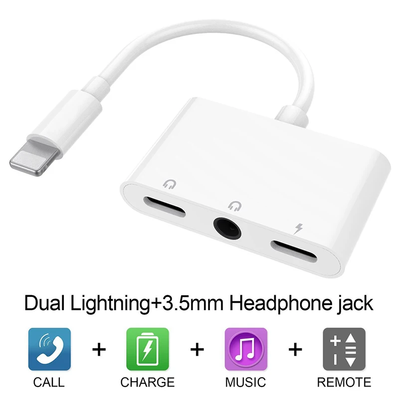 3 in 1 Charging Audio Adapter Headphone Splitter for Dual Lightning + 3.5mm Jack Cable Fast Charger for iPhone 8/7/X iOS 11