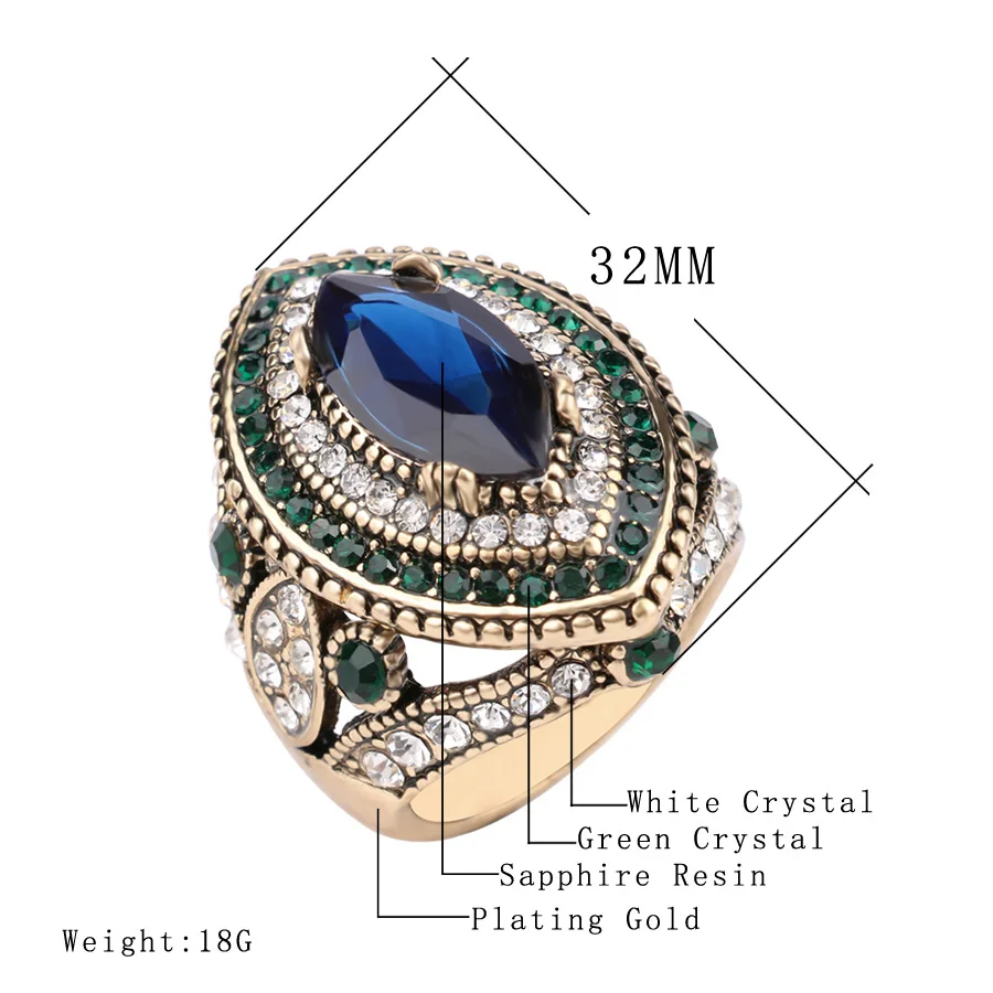 Bulgaria Jewelry Luxury Big Gold Wedding Rings For Women Vintage Green Crystal Blue Stone Ring Fashion Boho Accessories