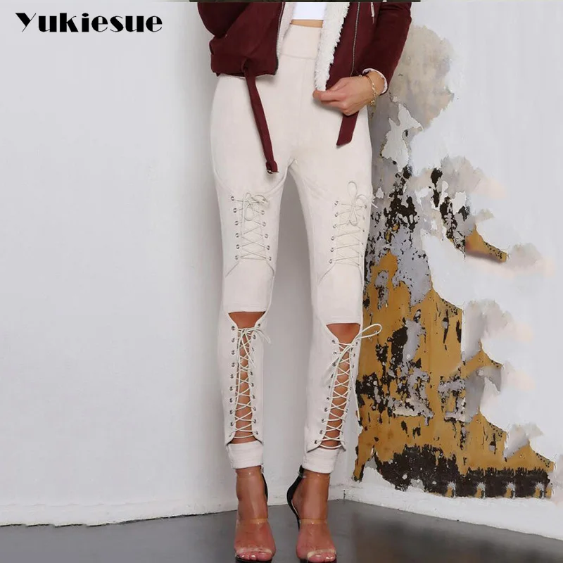 Suede Leather Pants Women 2022 Autumn Winter Lace Up Bodycon High Waist Pants Leggings Soft Pencil Pants Female Bottom femme