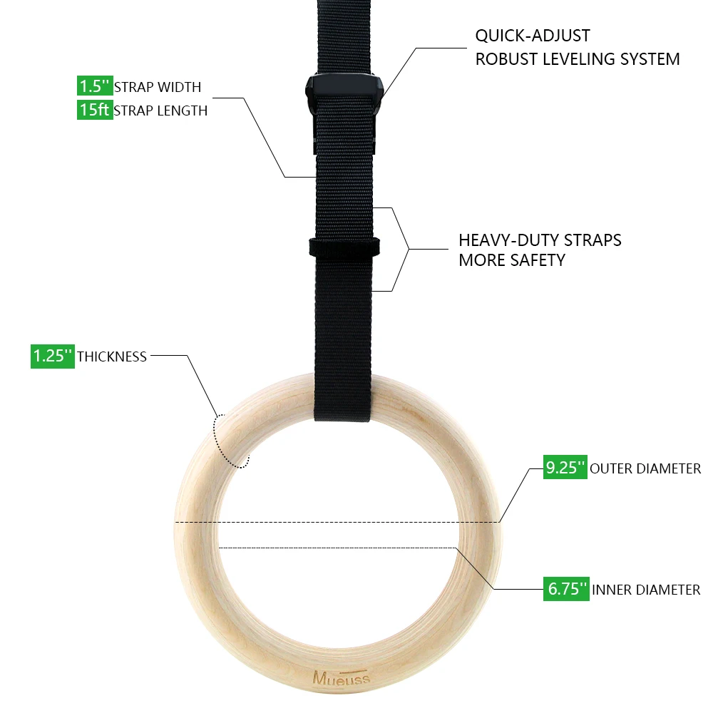 Wood Gymnastic Workout Rings for Home Gym and Cross Fitness, Great for Your Muscle Ups, Pull Ups, Strength Training