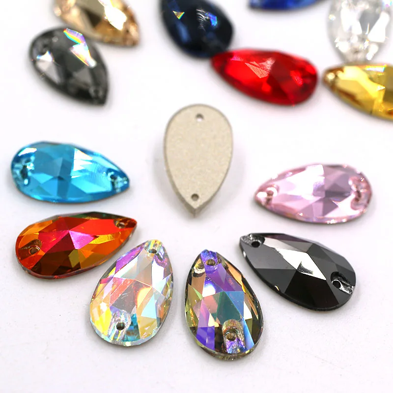 High quality flatback glass double hole crystal sew on rhinestones Teardrop shape AB color Flat buckle diy clothing accessories