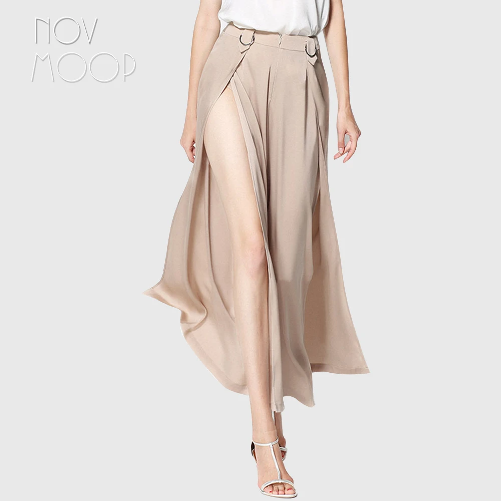 

Office style spring summer women khaki natural silk sexy side split wide leg pants trousers broeken ropa pantalones mujer LT2102