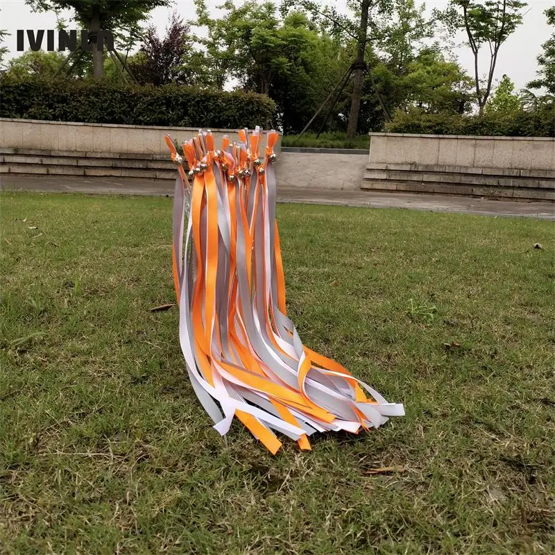 50pcs/lot orange and grey white  wedding ribbon wands with bell  for wedding decoration