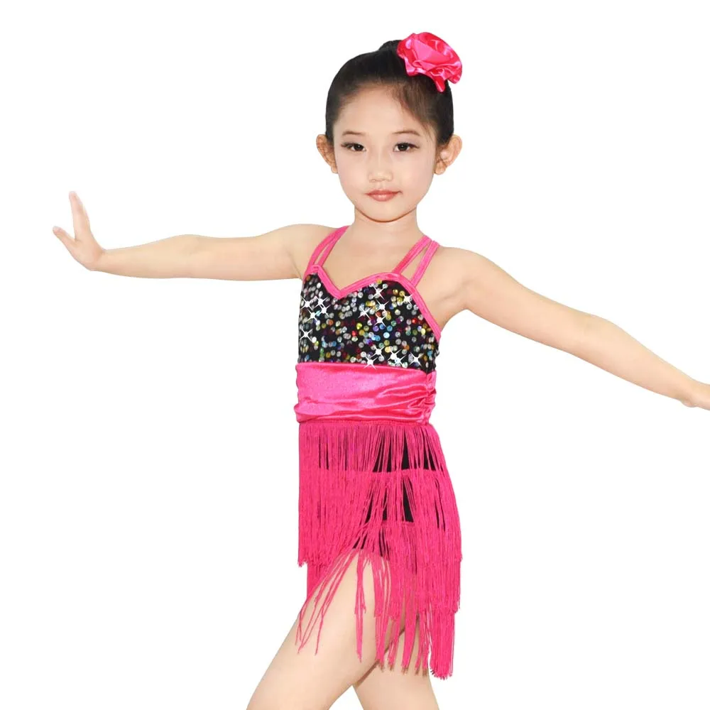 Girls Leotard Sequins Tassel Ballroom Dance Clothes Camisole Tango Latin Dance Dress For Stage And Party Drssess