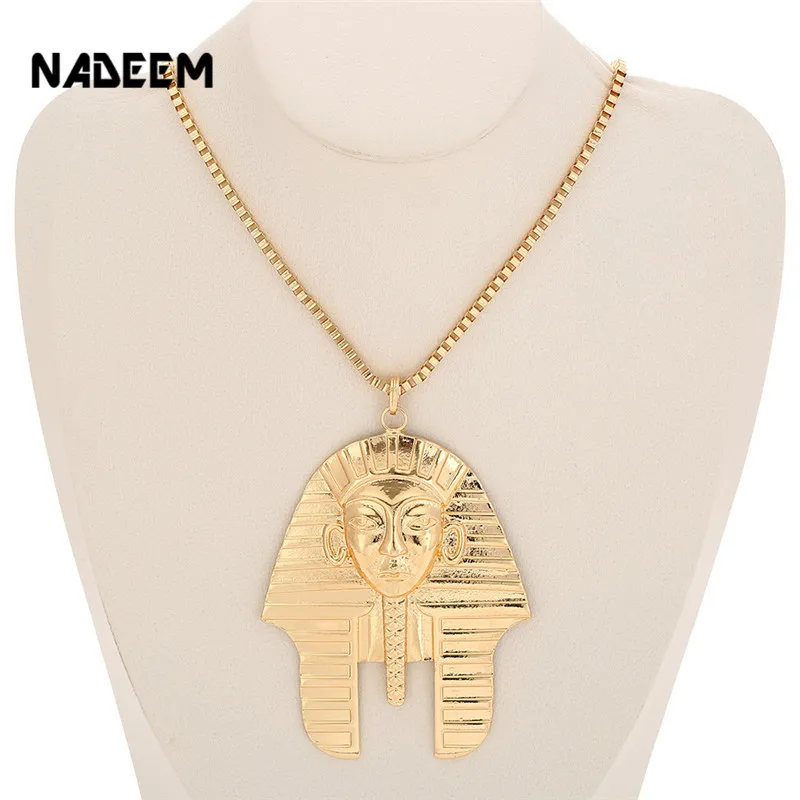 Newest Gold Color Metal Egyptian Pharaoh Head Face Pendant Necklace Men Women Design Hip Hop Style Long Chain Necklace Jewelry