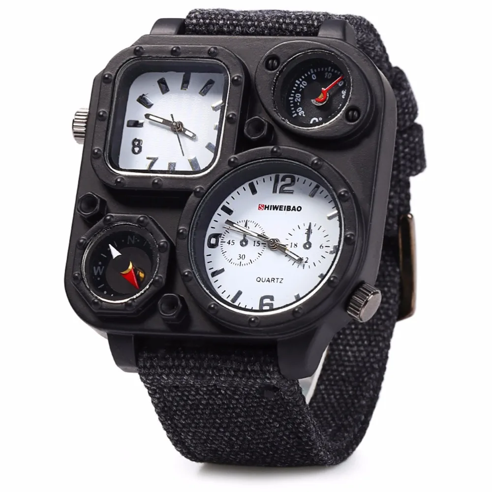 SHIWEIBAO J1169 Jam Tangan Pria Dial Besar Gerakan Ganda Jam Tangan Kuarsa Olahraga Jam Tangan Kanvas Kompas Militer Pria Jam Tangan Pria Jam Tangan Pria