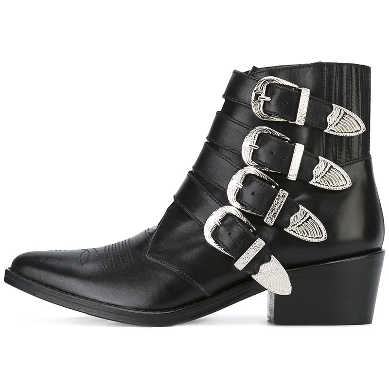 Spring Black Smooth Leather Women Ankle gr metal Buckles Boots Sexy Pointy Toe Ladies Chunky Heel Ankle Boots motorcycle Boots