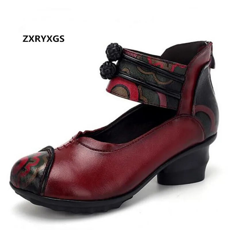 

ZXRYXGS 2024 Spring New Retro Printing Cow Leather Shoes Woman Elegant Soft Fashion Shoes Comfortable Women High Heel Shoes