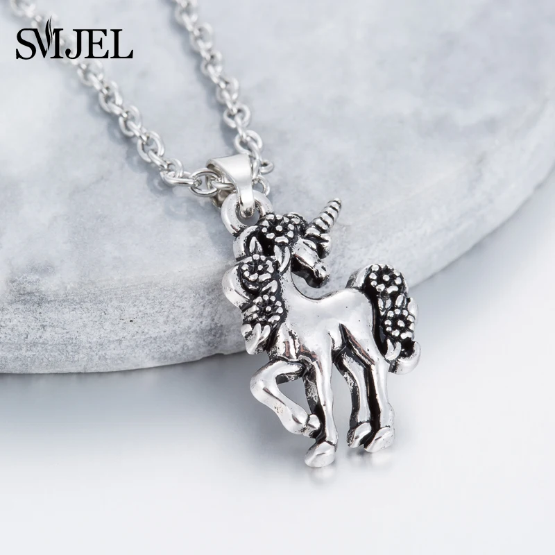 SMJEL Animal Unicorn Necklace Girls Rainbow Horse Necklaces & Pendants Women Accessories Beiver Flower Charm Colliers Jewerly