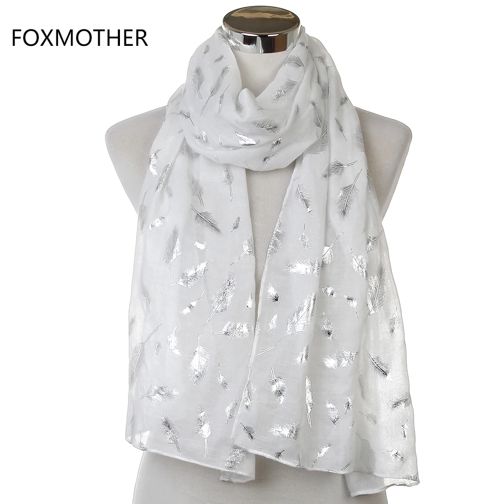 FOXMOTHER Free Shipping Fashion Womens White Navy Yellow  Bronzing Foil Silver Feather Ring Scarves Neck Scarf Glitter Foulard