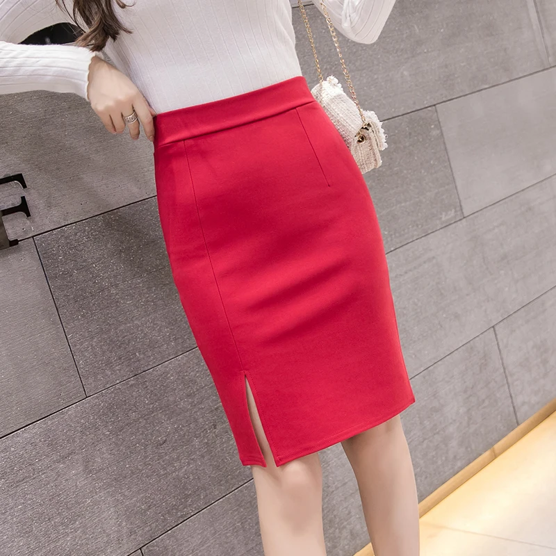 2024 New Fashion Women Office Formal Pencil Skirt Spring Autumn Elegant Slim Front Slit Midi Skirt Black/Gray/Red OL Skirts