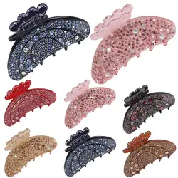 Women Elegant Acrylic Moon Shape Rhinestone Full Crystal Large Hair Claw Grips Ponytail Hairpins Accessories Headwear