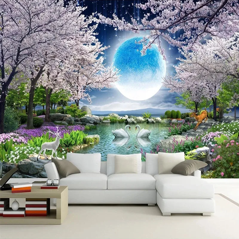 Photo Mural Wallpaper 3D Moon Flowers Cherry blossom Tree Swan deerLandscape Wall Painting room decoration accessories Decor