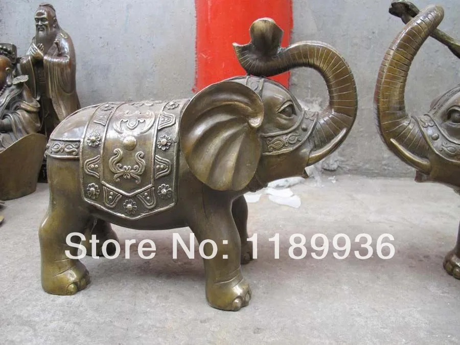 Chinese Folk Copper Bronze Lucky Ru yi yuan bao Elephant Feng shui animal Pair