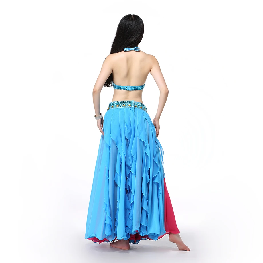 Women Dance Wear 2019 East Style Bellydance Clothes Oriental Outfits Beaded Belly Dance Costume Set Bra Belt Skirt Long Fringe