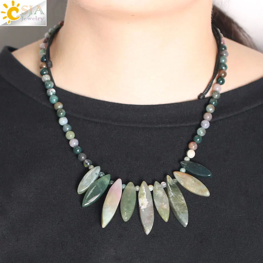 CSJA Ethnic Natural Stone Indian Agates Choker Geometric Pendants Peace Buckle Short Necklaces Statement Jewelry for Women F977