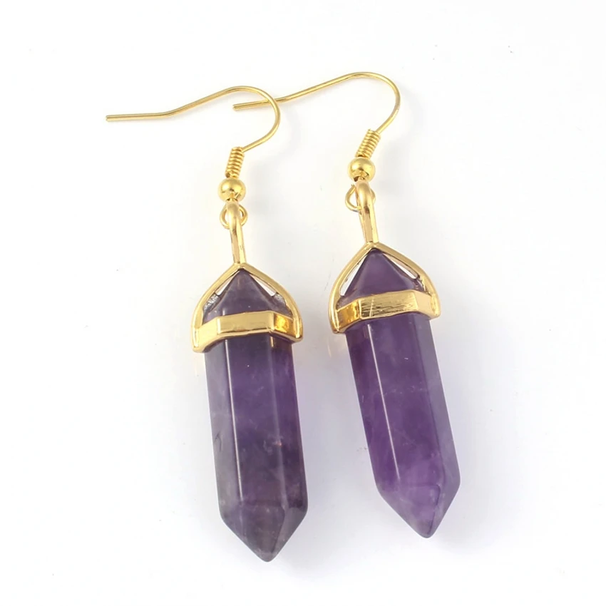 Crystal Stone Earring For Women Natural Hexagon Amethyst Rose Quartz Lapiz Lazuli Malachite Fluorite Dangle Earrings  Jewelry