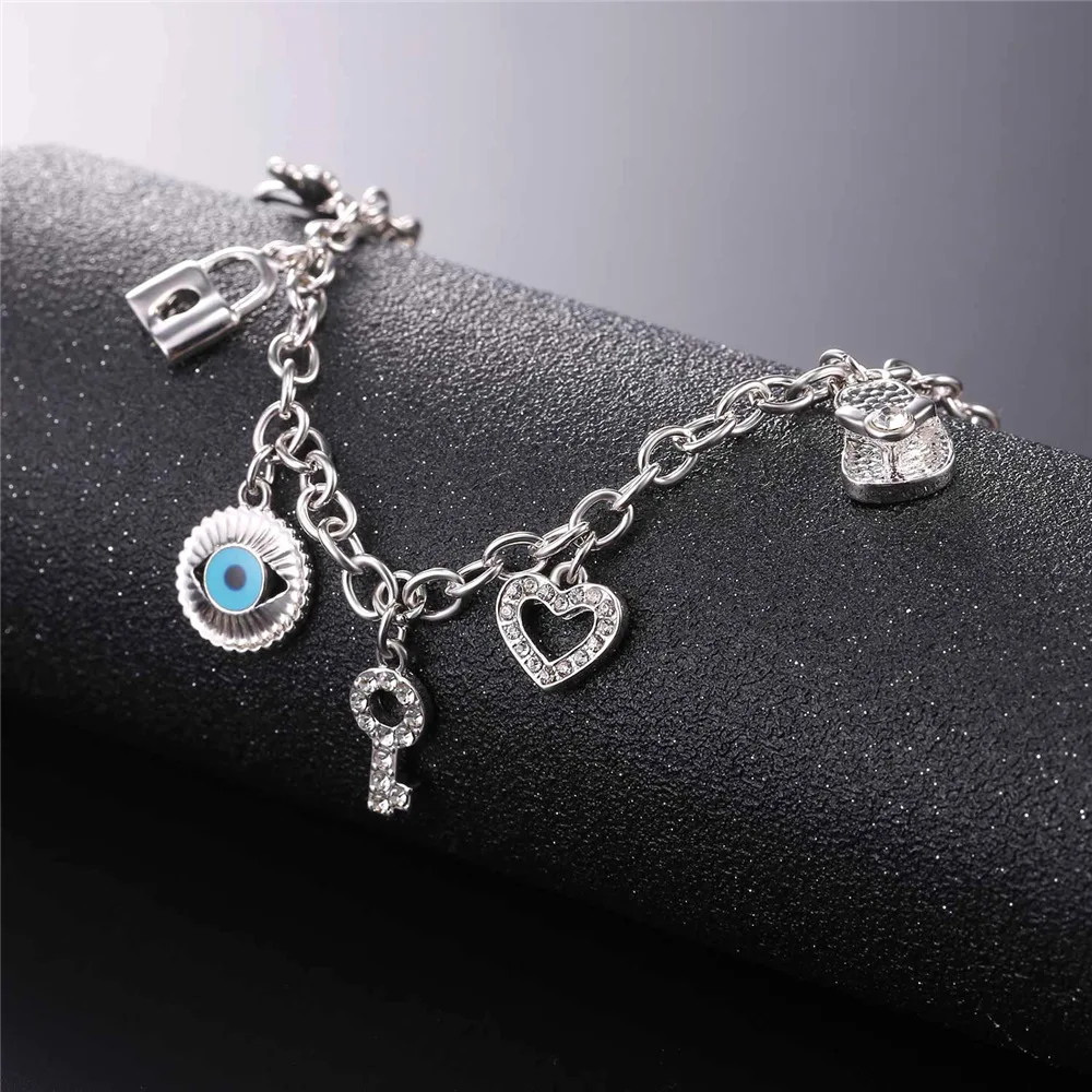 U7 Charm Bracelet Cute Bear Heart Key Evil Eye Slippers Dragonfly Trendy Silver Color White Rhinestone Bracelet For Women QC24