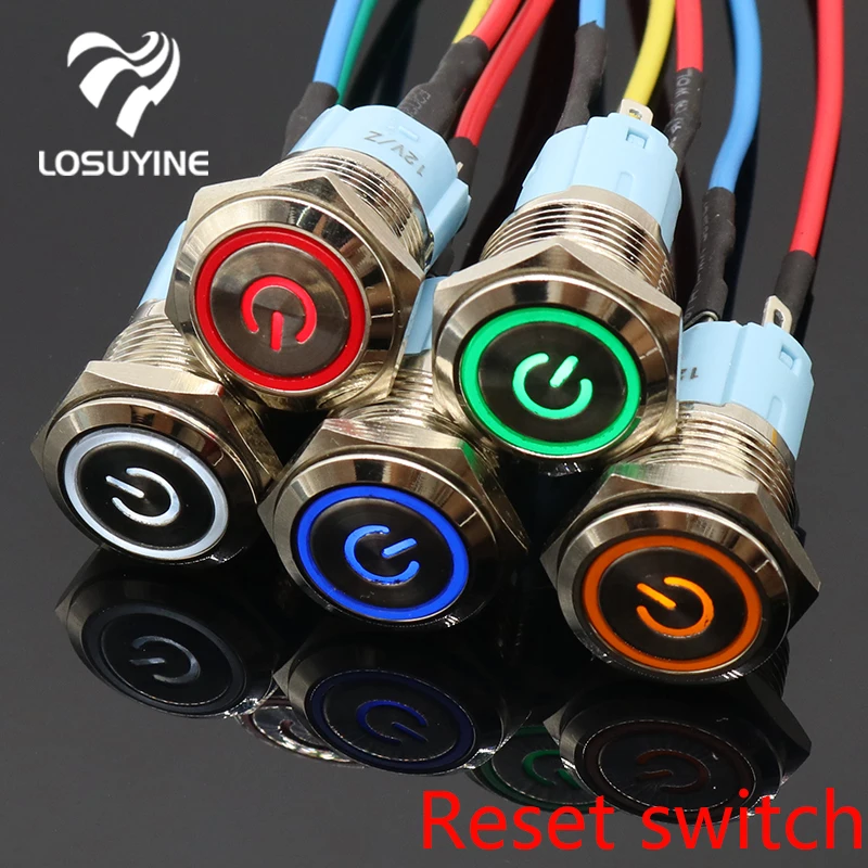 Metal push button switch with light 16mm flat head self-reset Momentary 5V 12V 24V 220V Push Button waterproof LED metal switch