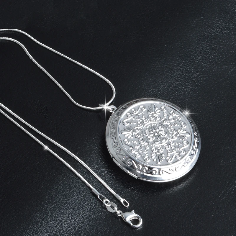 Vintage Earl Palace 925 Sterling Silver Needle Chain Round Locket  Pendant Necklace Photo Collar Necklaces Valentine\'s Day Gift