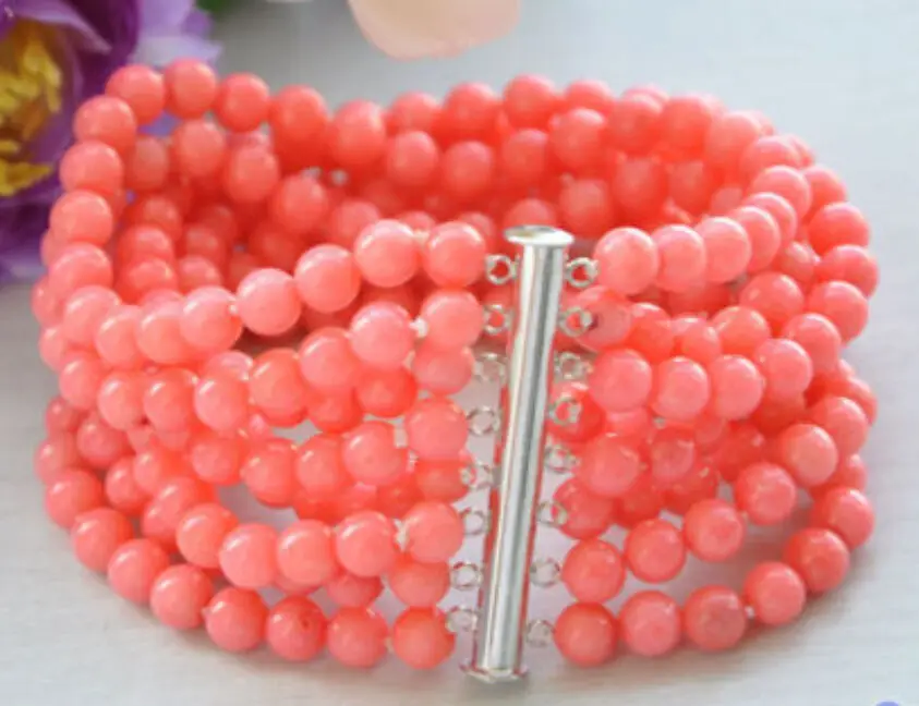 

Real 8row 8" 5MM round pink coral bead bracelet magnet AAAA