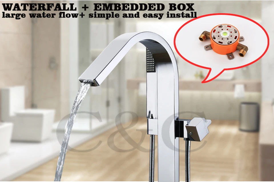 Bath Floor Standing Bath Tub Waterfall Faucet Mixer Set Large Water Flow Easy Installation With Embedded Box 6203