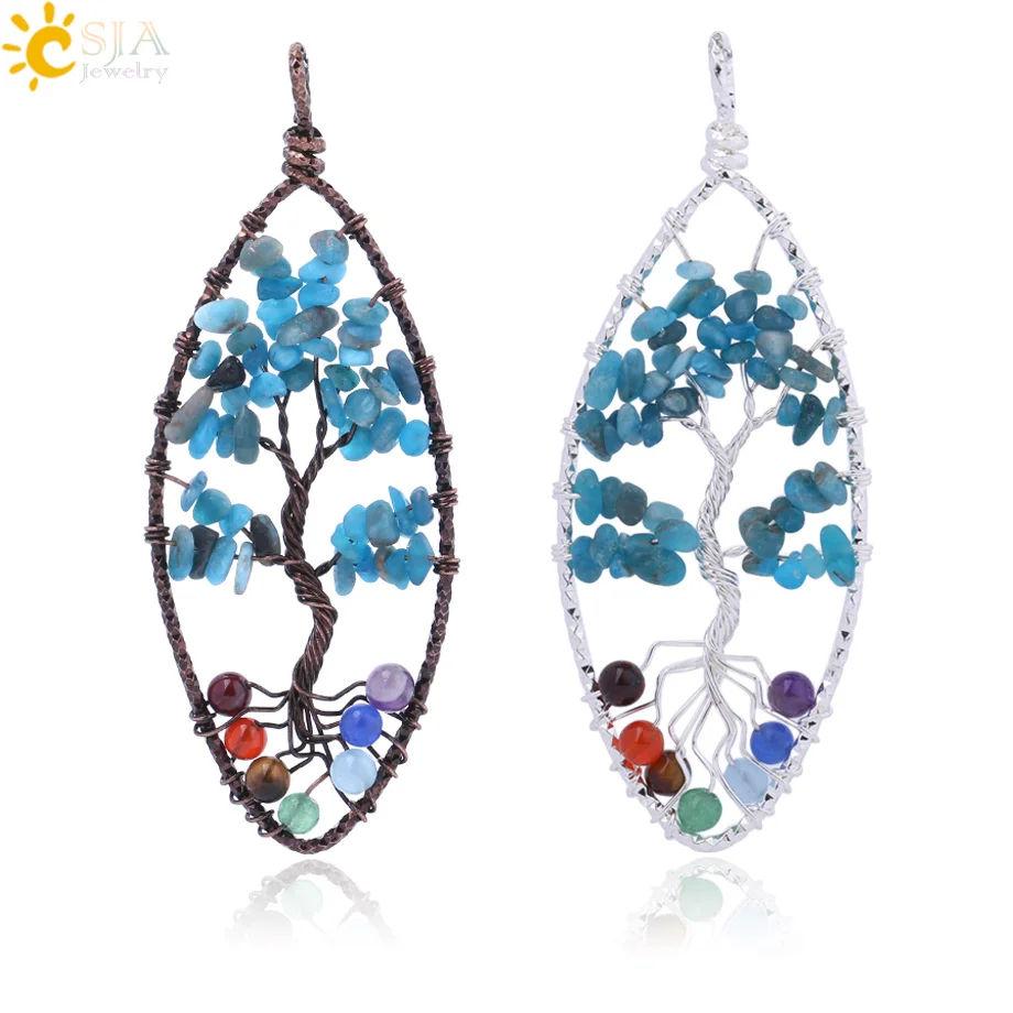 CSJA Healing 7 Chakras Tree of Life Pendants Natural kyanite Gem Stone Chip Beads Antique Silver Color Wire Wrap Jewelry F825