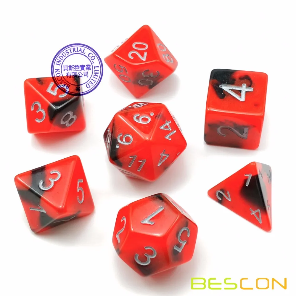 Bescon Two-Tone Glow-in-the-Dark Polyhedral Dice Set HOT ROCKS, Luminous RPG Dice Set d4 d6 d8 d10 d12 d20 d% Brick Box Pack