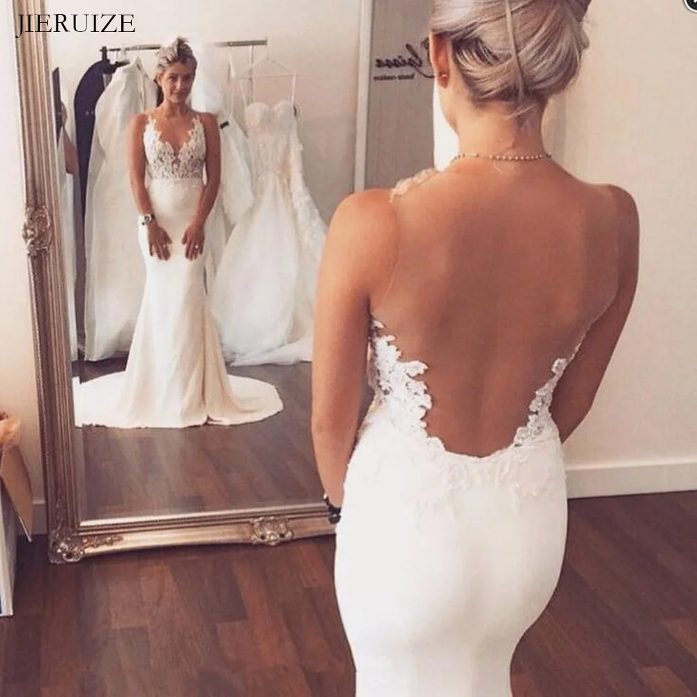 

E JUE SHUNG White Satin Mermaid Wedding Dresses Lace Appliques Sheer Back Summer Dresses Beach Wedding Gowns mariage