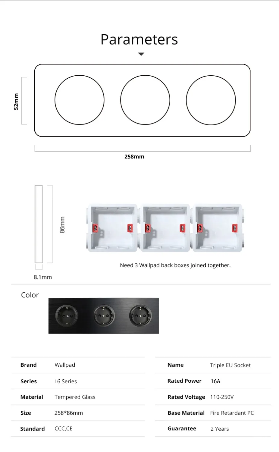 Wallpad L6 Black Aluminum Triple EU Schuko Wall Electrical Power Socket Satin Metal Frame