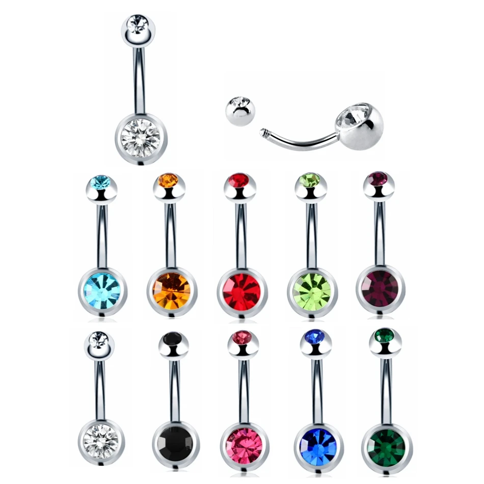 Lot 1Piece 316l Surgical Steel Double CZ Gem Belly Button Rings Colorful Gem Navel Bar Piercing Fashion Charming Jewelry 14g