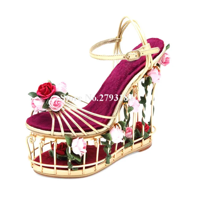 Women Charming Open Toe Gold Metal Caged Design High Platform Wedge Sandals Bottom Cut-out Flowers Caged Wedge Sandals