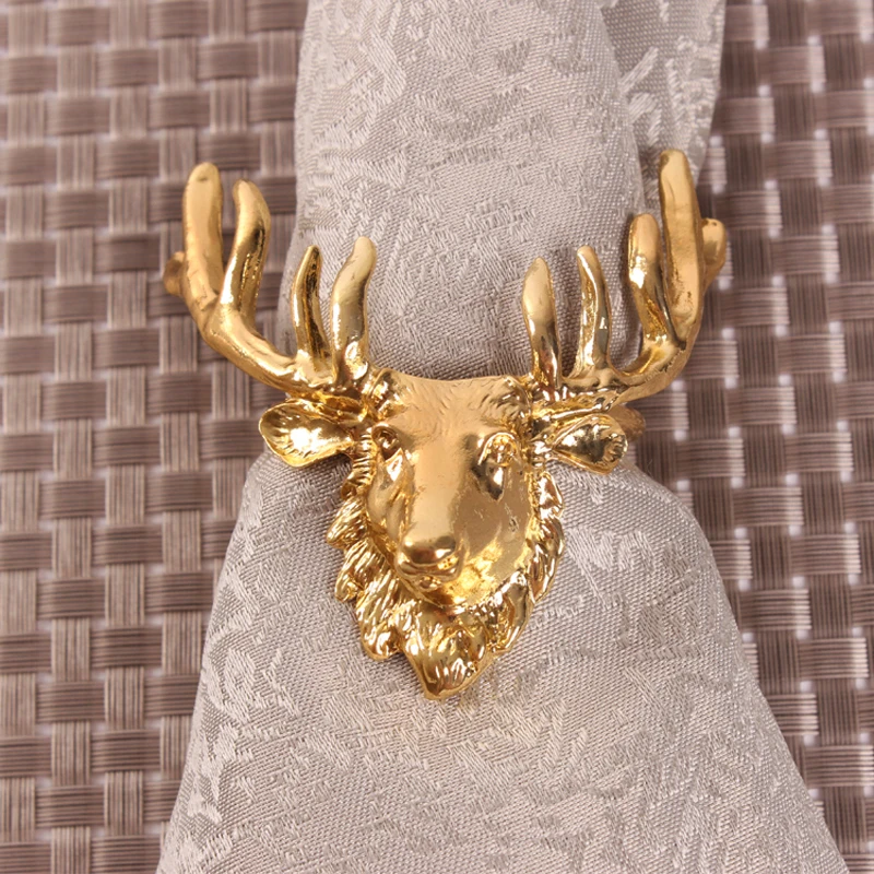 Gold Plating 3D Reindeer Head Design Metal Alloy Napkin Rings Set of 6 Pieces Home Tabletop Decor Animal Figurines Tissue Circle