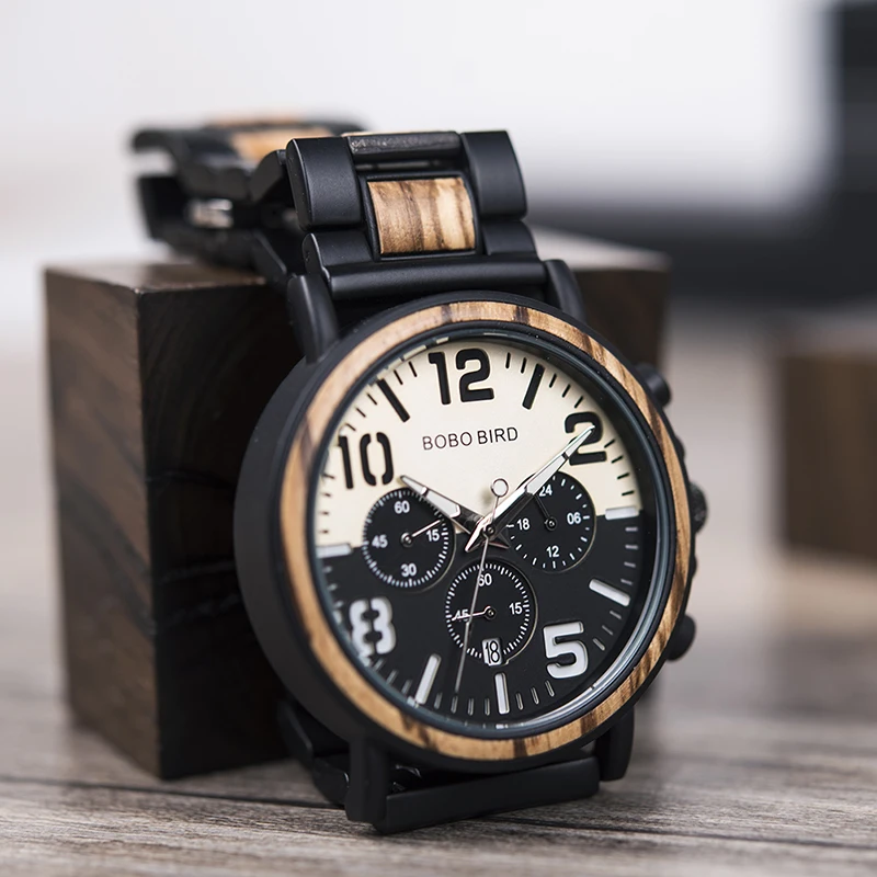 BOBO BIRD Wooden Stainless Steel Watch Men Splash Resistant Timepieces Chronograph Watches relogio masculino Custom Men's Gifts