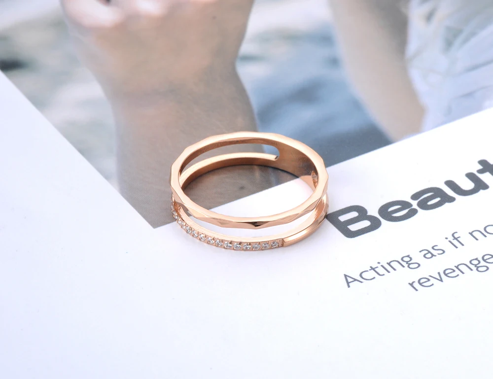 Lokaer Titanium Stainless Steel Cut Face Ring Trendy Mosaic CZ Crystal Rose Gold Color Wedding Rings Jewelry For Women R19063