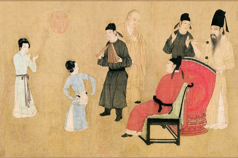 traditional Chinese painting masterpiece canvas prints music performance details from the Banquet of Han Xizai by Gu Hongzhong