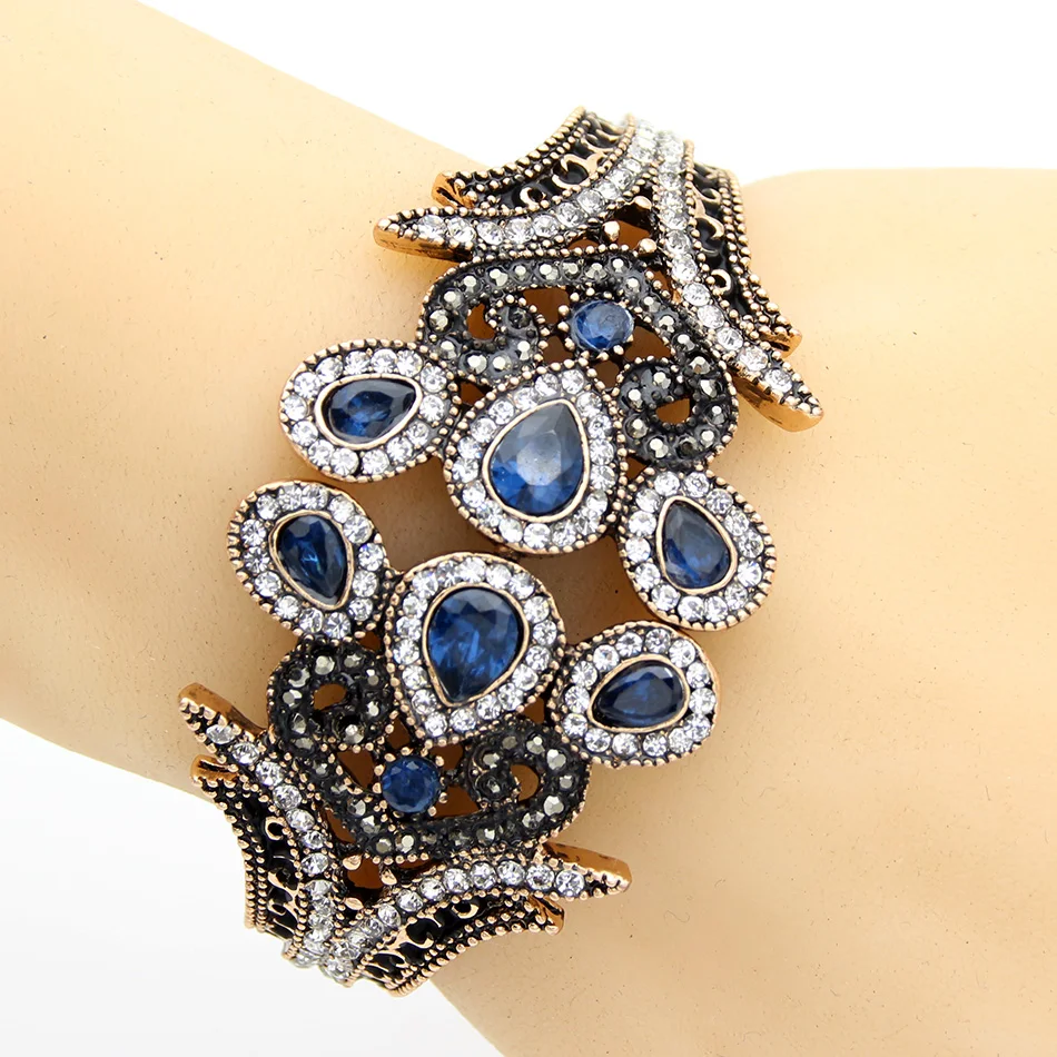 Sunspicems Ethnic Resin Flower Bangle Bracelet Turkish Crystal Jewelry Antique Gold Color Peacock Cuff Bracelets Tulip Bangle