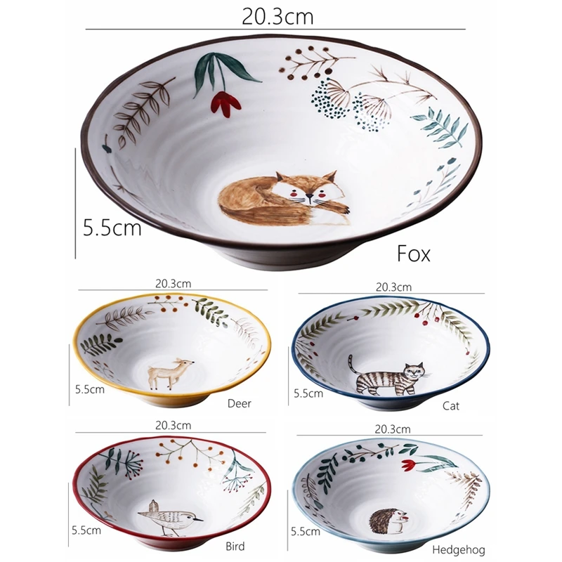 8 inch Ceramic Bowl Noodle Bowl Forest Animal Design Large Bowl Restaurant Household Pasta Ramen Bowl