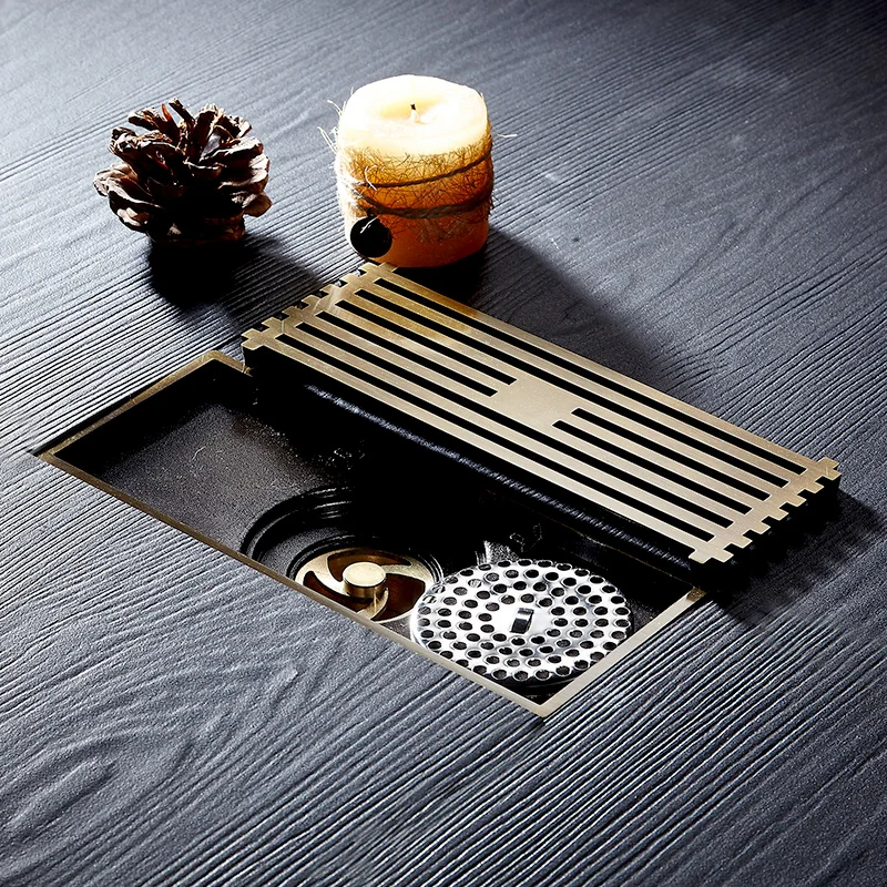 Drains Antique Brass Bathroom Linear Shower 8*20cm Floor Drain Wire Strainer Art Carved Cover Waste Drain Bathroom Fitting B8029