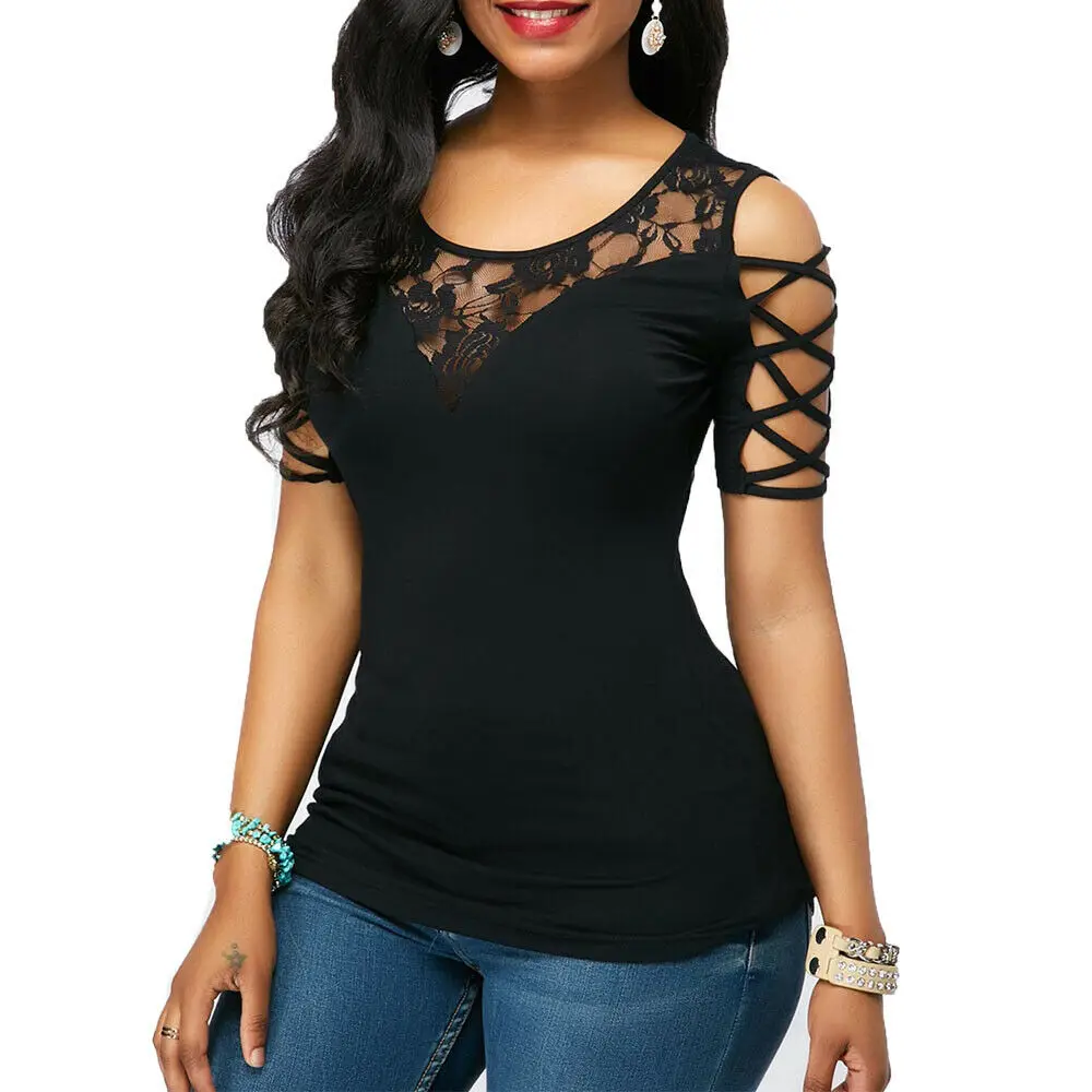 Personality Fashion  Women Cold Shoulder Round Neck T Shirts Summer Short Sleeve Floral Lace Slim Tee Tops