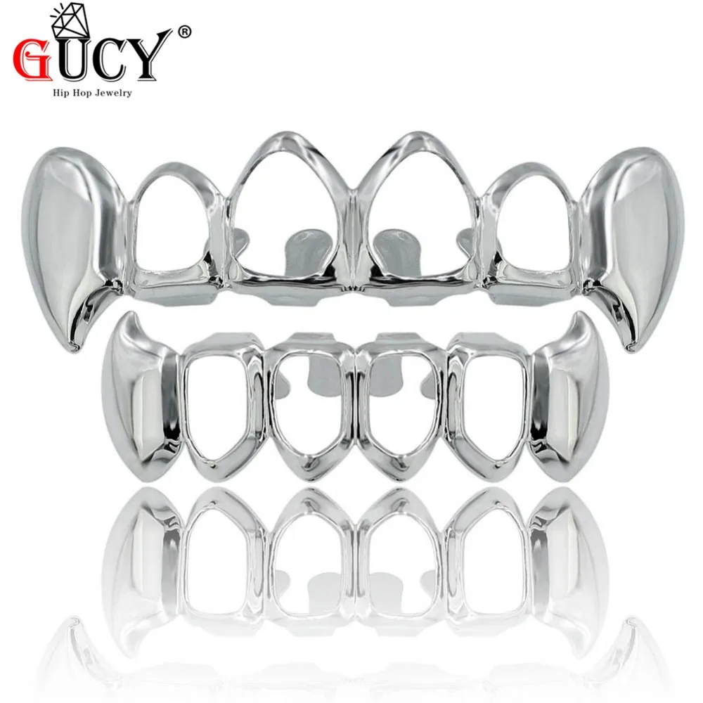 GUCY  Fit Pure Gold Color Plated Vampire Teeth Four Hollow Open Face Mouth GRILLZ Caps Top&Bottom Hip Hop Grill Set