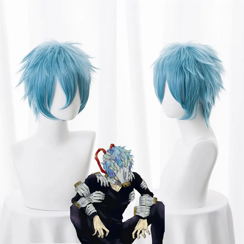 Anime My Academia Boku no Hiro Akademia Shigaraki Tomura Wigs Short Gray Blue Mixed Curly Cosplay Wig + Wig Cap