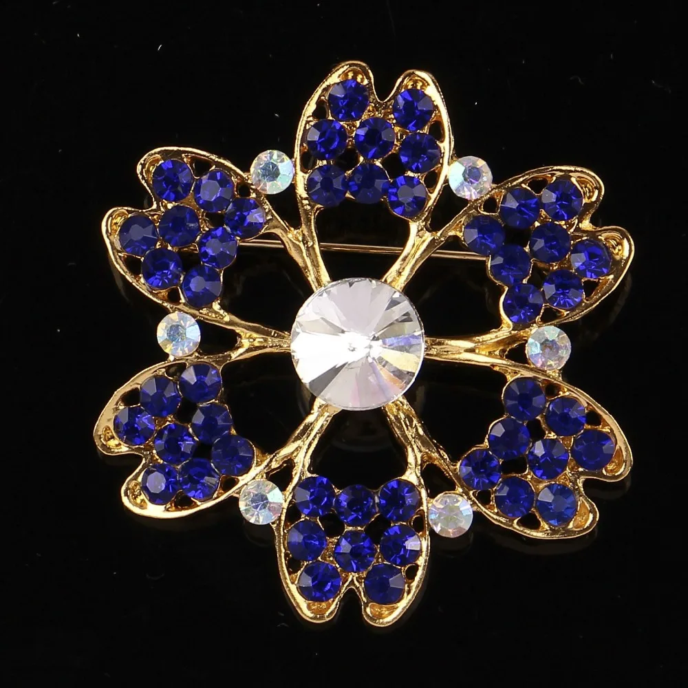 DIEZI Korean Gold Color Blue Crystal Brooches for Wedding Women Party Dress Rhinestone Bridal Bouquet Flower Bowknot Brooch pins