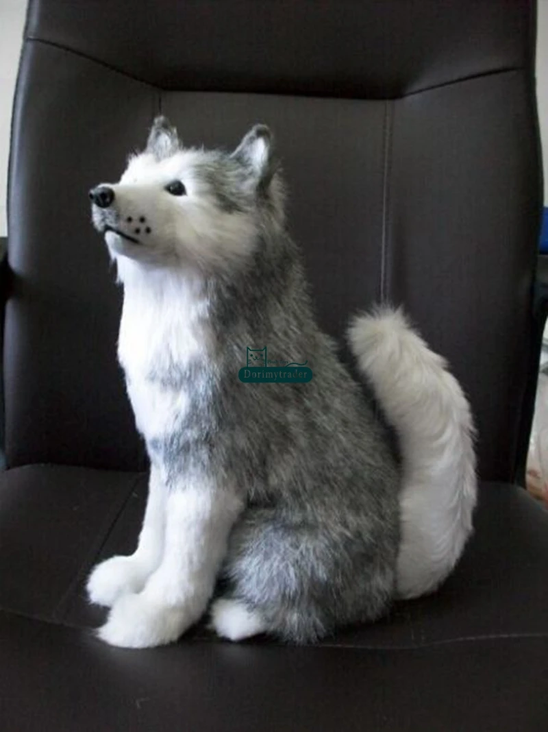 Dorimytrader 32x12x20cm Squat Dog rRealistic Husky Plush Toy Polyethylene & furs Handicraft Gome Decoration Gift DY80001