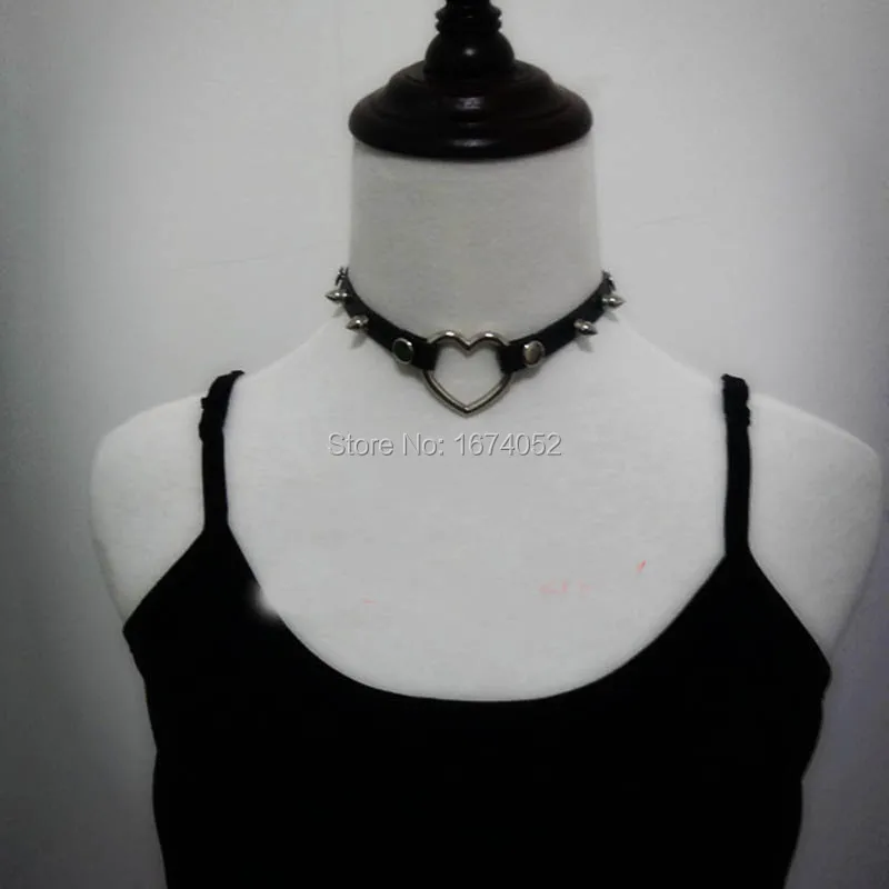 Harajuku Punk Gothic 100% Handcrafted Heart Choker Real Leather Spiked Spikes Collar Studded Sub Necklace