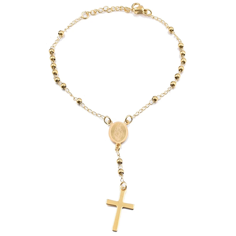 Dolaime Catholic Gold Color Bracelets Girl Jewelry Sacred Cross Rosary Ms. Bracelet Gift Women Stainless Steel New Arrival GRN76