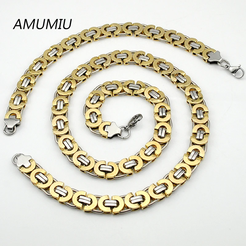 

AMUMIU Stainless Steel Men Jewelry Set Fashion Egypt Byzantine Bracelet Necklace Sets 11mm Width jewellery HZTZ051